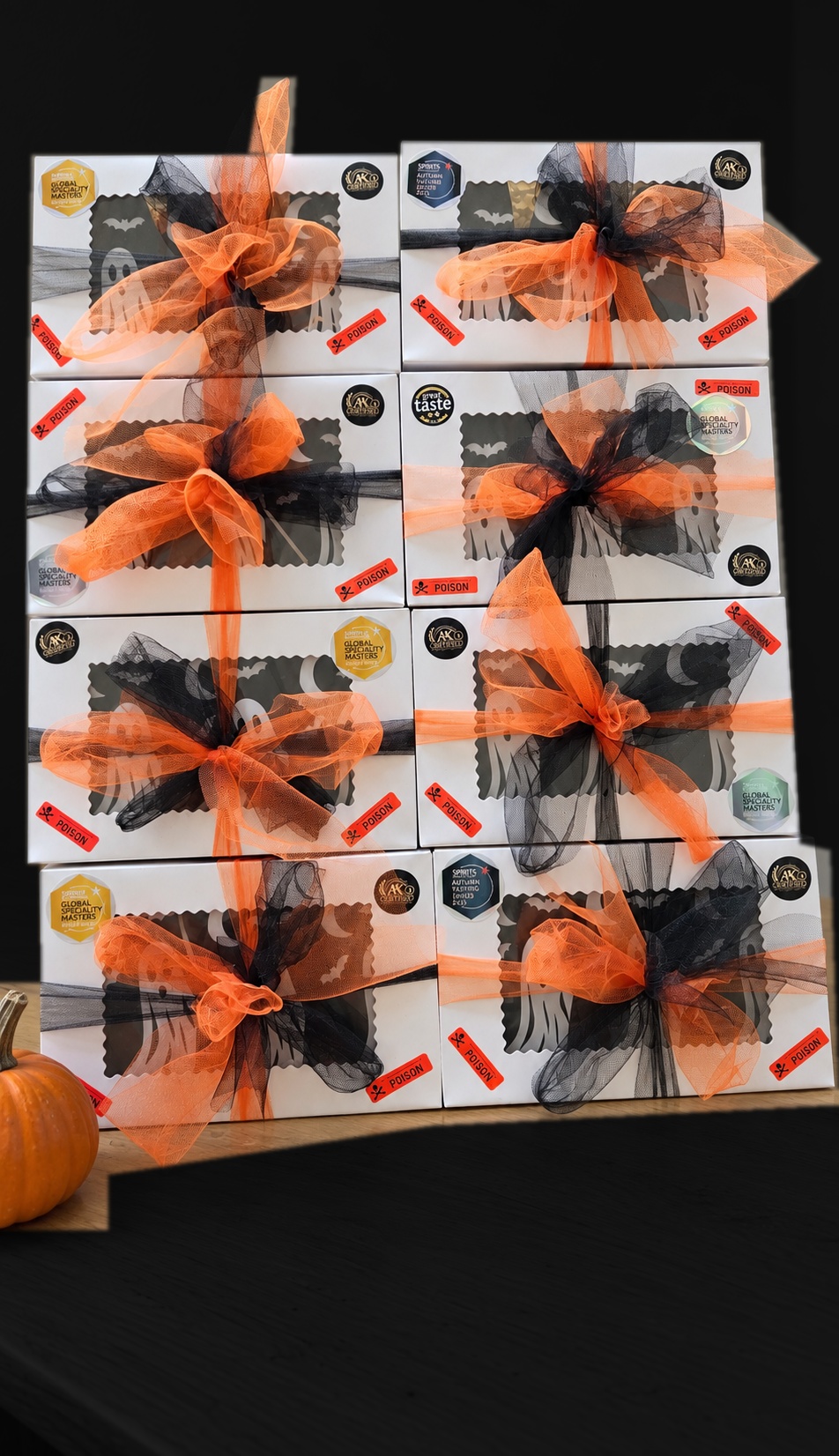AK Distillery Halloween Mystery Boxes, real coffin packaging with orange and black ribbons